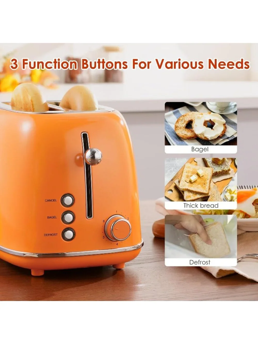 2 Slice Orange Retro Stainless Steel with Bagel Defrost Functions Toaster